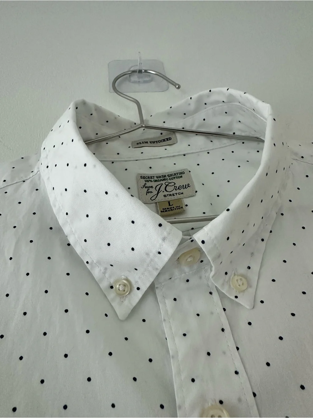 J.Crew Secret Wash Shirting Slim Untucked White Navy Dot Button Down Shirt L